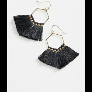 BLACK FRINGE DROP TEARDROP HOOP EARRINGS GOLD TONE FUN AND FESTIVE